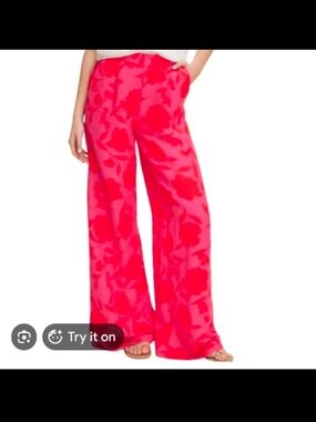 Hot Pink Wide-Leg Floral Jacquard Pants